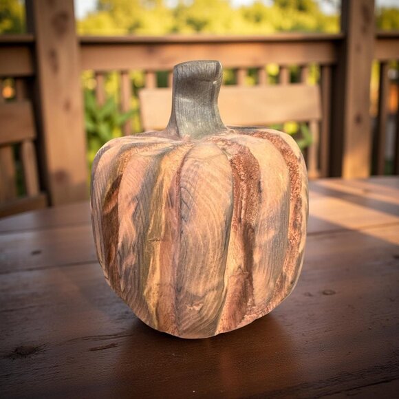 Handmade Wooden Pumpkin Carving By Basket Case Designs LLC 6" Decorative Rustic - Picture 1 of 7